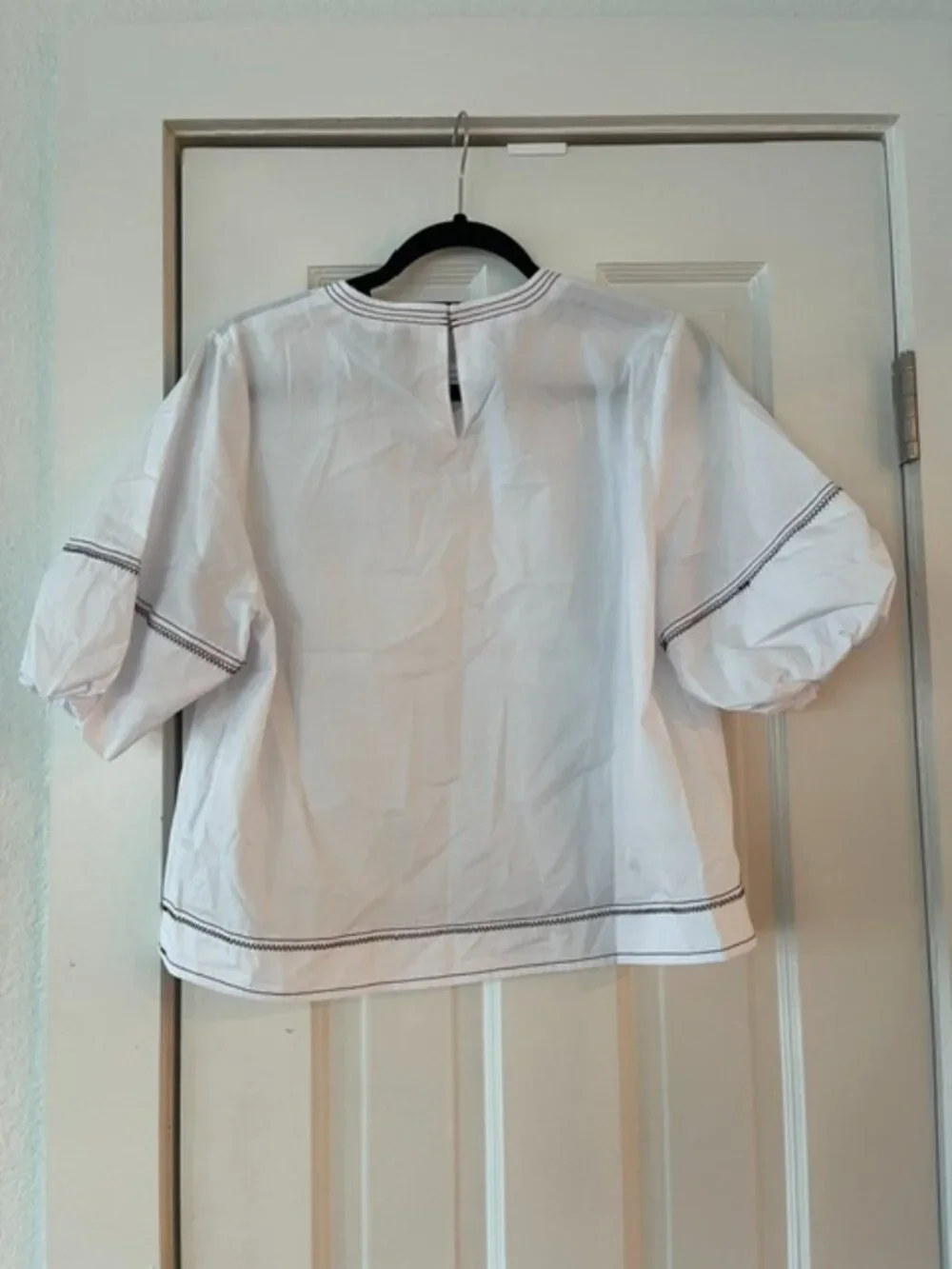 Zara White Cotton Poplin Contrast Topstitch Puff Sleeve Blouse Top Medium NWT